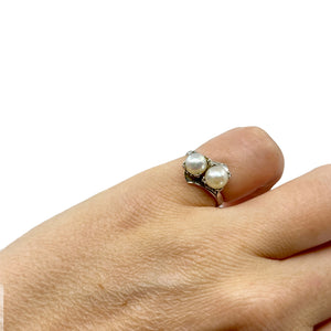 Engraved Bypass Japanese Saltwater Cultured Akoya Vintage Pearl Ring- Sterling Silver Sz 4.50