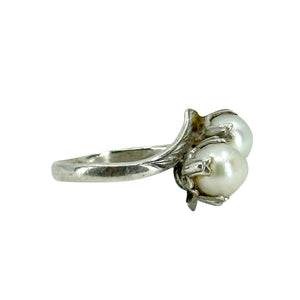 Engraved Bypass Japanese Saltwater Cultured Akoya Vintage Pearl Ring- Sterling Silver Sz 4.50
