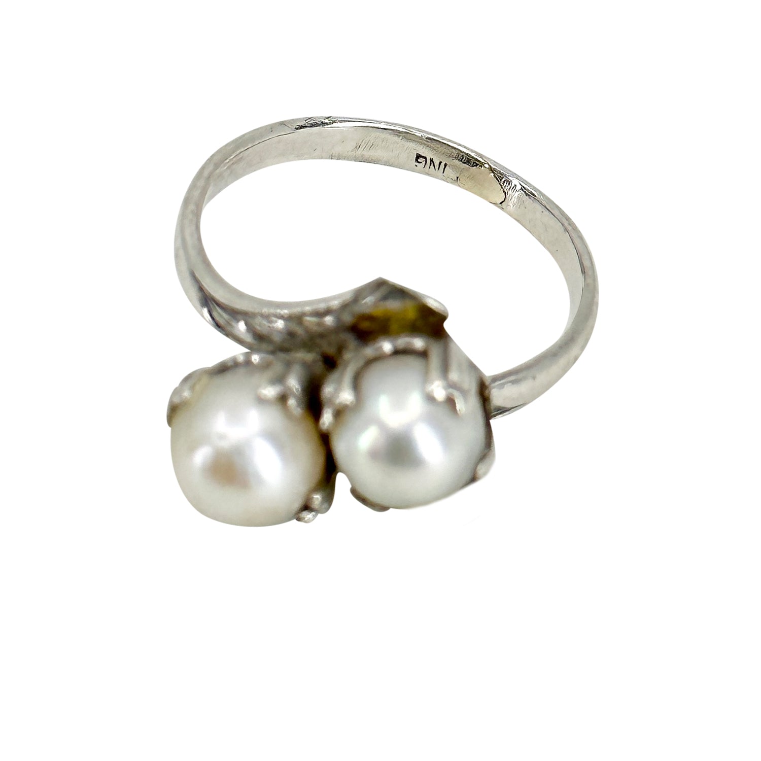 Engraved Bypass Japanese Saltwater Cultured Akoya Vintage Pearl Ring- Sterling Silver Sz 4.50