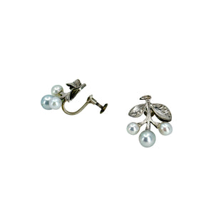 Vintage Blue Leaf Japanese Akoya Saltwater Cultured Pearl Engraved Screwback Earrings- Sterling Silver