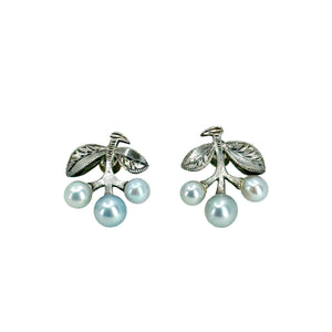 Vintage Blue Leaf Japanese Akoya Saltwater Cultured Pearl Engraved Screwback Earrings- Sterling Silver
