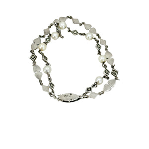 Double Strand Heart Marcasite Japanese Saltwater Akoya Cultured Pearl Vintage Bracelet- Sterling Silver