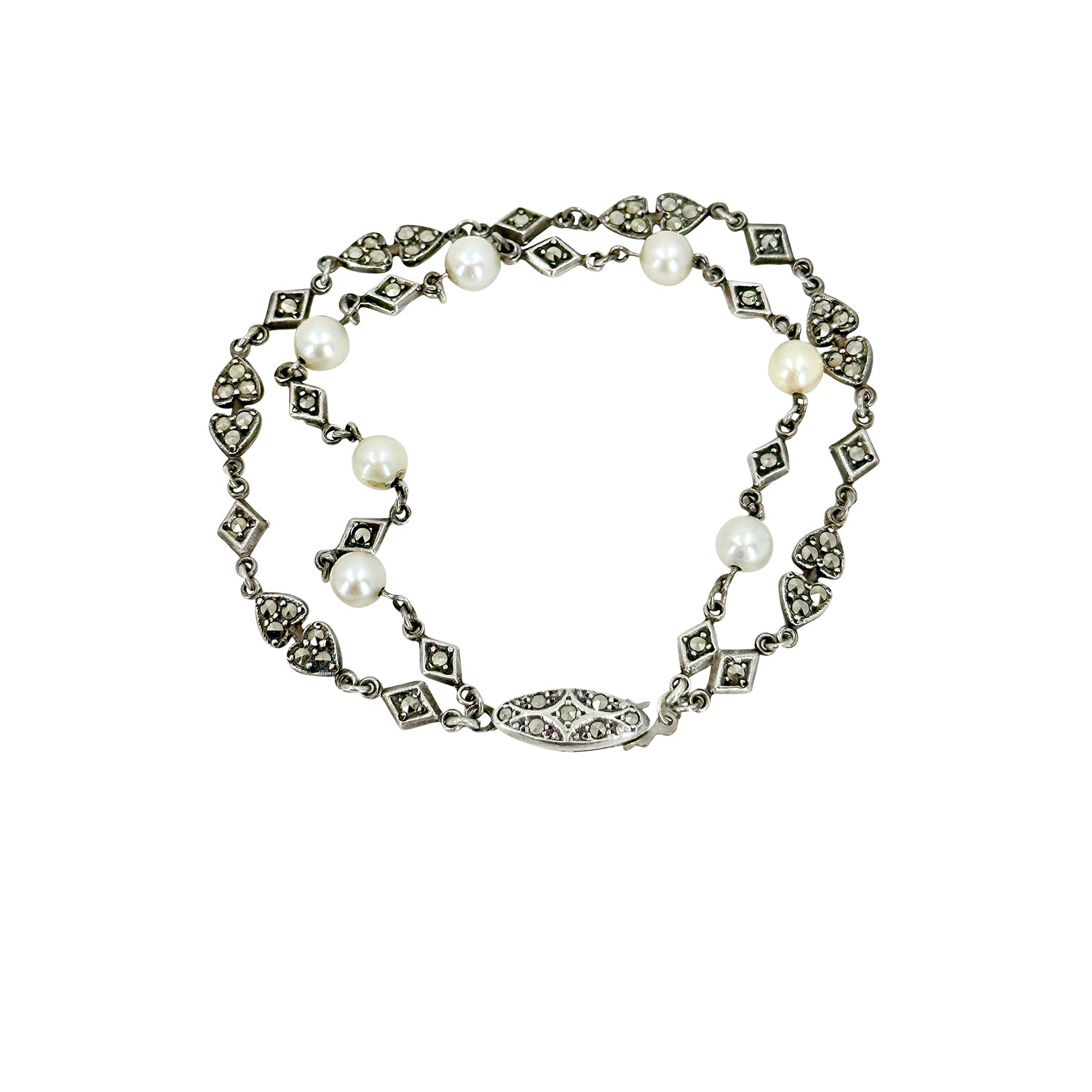 Double Strand Heart Marcasite Japanese Saltwater Akoya Cultured Pearl Vintage Bracelet- Sterling Silver