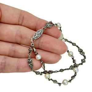 Double Strand Heart Marcasite Japanese Saltwater Akoya Cultured Pearl Vintage Bracelet- Sterling Silver