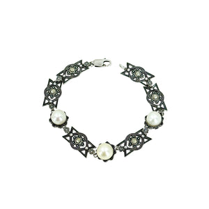 Art Deco Geometric Marcasite Japanese Saltwater Akoya Cultured Pearl Vintage Bracelet- Sterling Silver