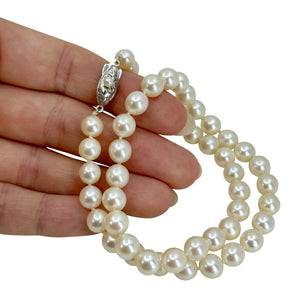 Quality Engraved Vintage Japanese Saltwater Akoya Cultured Pearl Choker Necklace - Sterling Silver 15.50 Inch