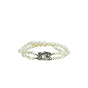 Graduated Double Strand Vintage Japanese Saltwater Akoya Cultured Pearl Bracelet- Sterling Silver