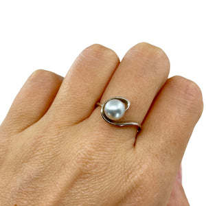 Modernist Swirl Vintage Japanese Saltwater Blue Akoya Cultured Pearl Ring- Sterling Silver Sz 8