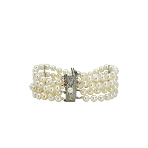 Vintage Mikimoto Four Strand Mid-Century Cultured Japanese Akoya Pearl Bracelet- Sterling Silver