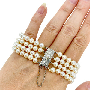 Vintage Mikimoto Four Strand Mid-Century Cultured Japanese Akoya Pearl Bracelet- Sterling Silver