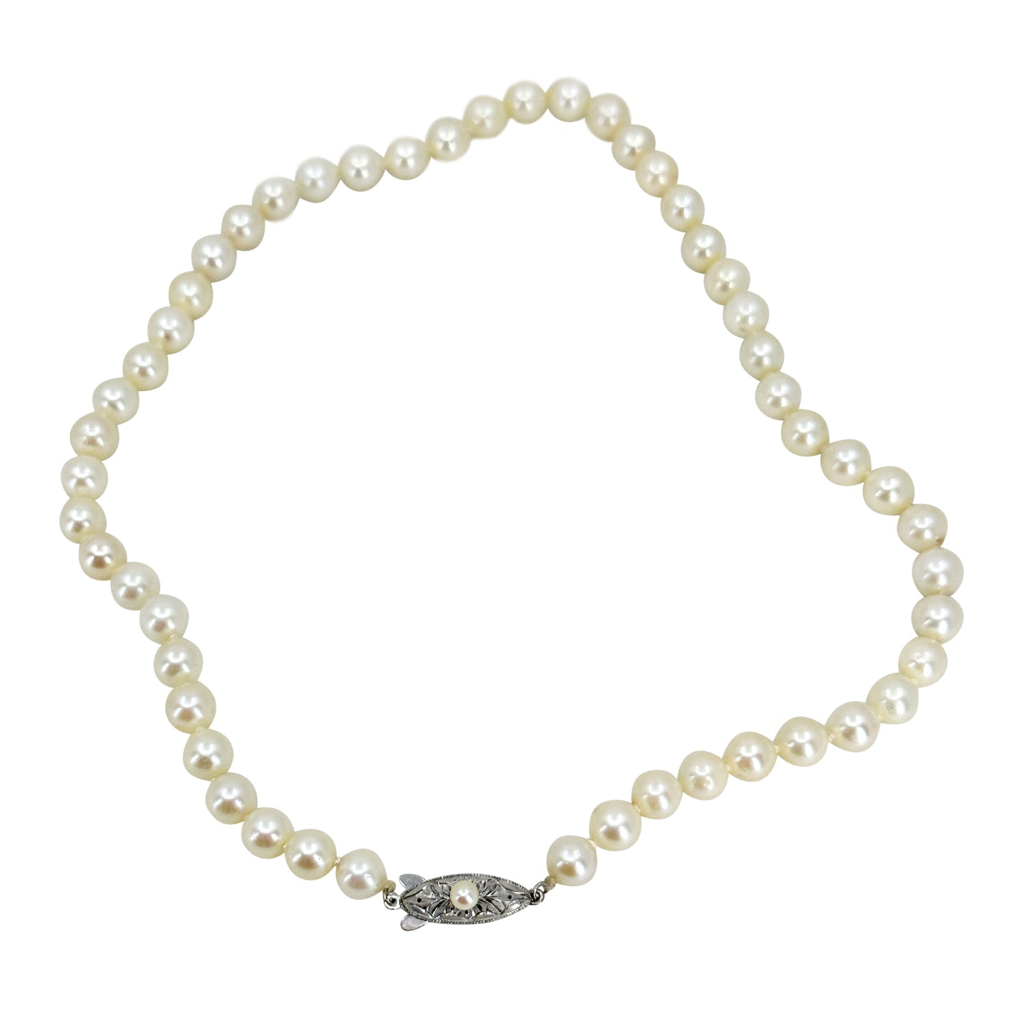 Quality Engraved Japanese Cultured Saltwater Akoya Pearl Choker Necklace- Sterling Silver 15.25 Inch