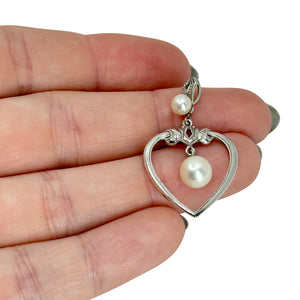 Vintage Mikimoto Heart Saltwater Akoya Cultured Pearl Designer Pendant- Sterling Silver