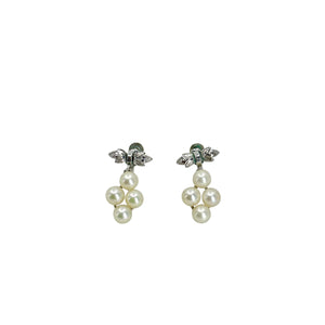 Leafy Bow Dangle Akoya Saltwater Cultured Pearl Screwback Vintage Earrings- Sterling Silver