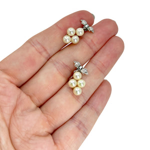 Leafy Bow Dangle Akoya Saltwater Cultured Pearl Screwback Vintage Earrings- Sterling Silver