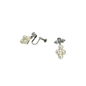 Leafy Bow Dangle Akoya Saltwater Cultured Pearl Screwback Vintage Earrings- Sterling Silver