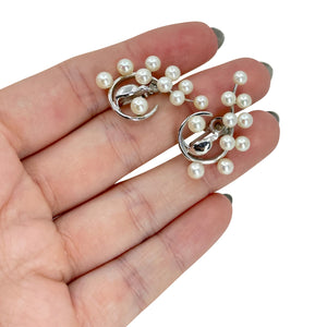 Circle Vine Climber Akoya Saltwater Cultured Pearl Screwback Vintage Earrings- Sterling Silver