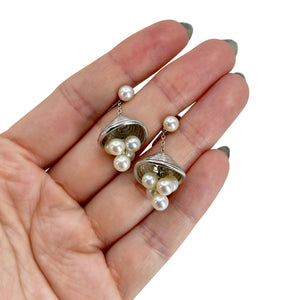 Vintage Mikimoto Musical Bell Dangle Akoya Saltwater Cultured Pearl Mid Century Screwback Earrings- Sterling Silver
