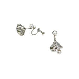 Vintage Mikimoto Musical Bell Dangle Akoya Saltwater Cultured Pearl Mid Century Screwback Earrings- Sterling Silver