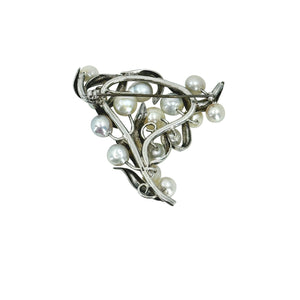 Large Baroque Blue White Cream Japanese Saltwater Akoya Cultured Pearl Vintage Leaf Brooch- Sterling Silver