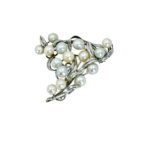 Large Baroque Blue White Cream Japanese Saltwater Akoya Cultured Pearl Vintage Leaf Brooch- Sterling Silver