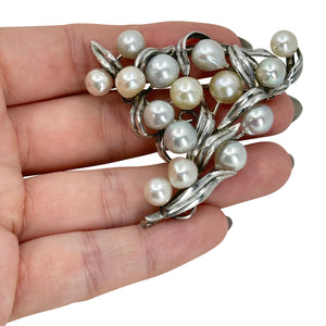 Large Baroque Blue White Cream Japanese Saltwater Akoya Cultured Pearl Vintage Leaf Brooch- Sterling Silver