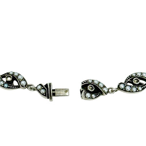 Antique Art Deco Seed Pearl Riviere Style Station Marcasite Link Choker Necklace- Sterling Silver 15 Inch