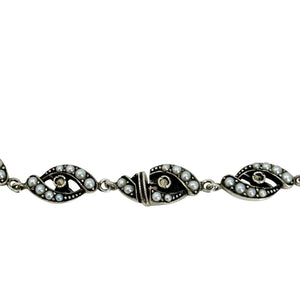 Antique Art Deco Seed Pearl Riviere Style Station Marcasite Link Choker Necklace- Sterling Silver 15 Inch
