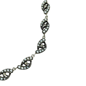 Antique Art Deco Seed Pearl Riviere Style Station Marcasite Link Choker Necklace- Sterling Silver 15 Inch
