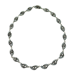 Antique Art Deco Seed Pearl Riviere Style Station Marcasite Link Choker Necklace- Sterling Silver 15 Inch