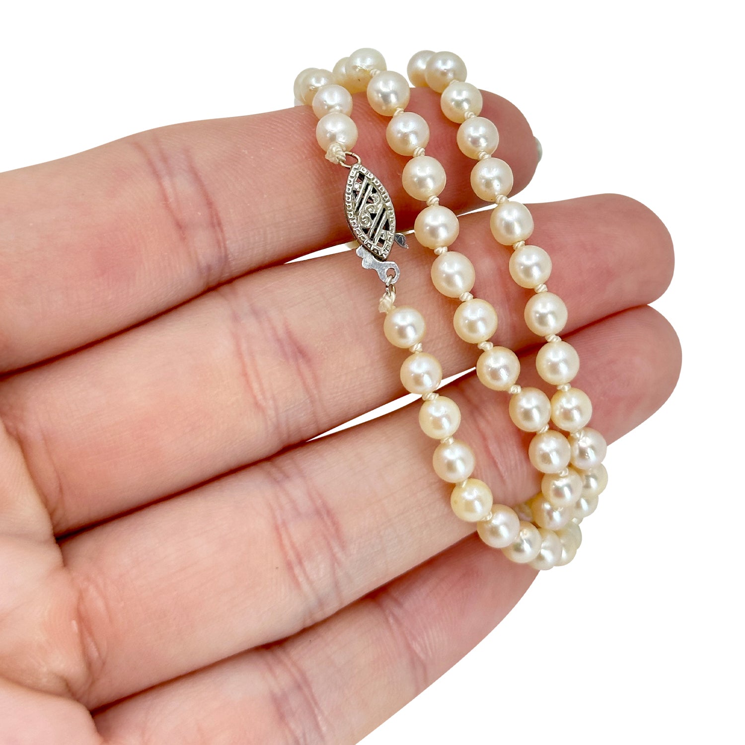Petite 4.50MM Vintage Japanese Saltwater Cultured Akoya Pearl Necklace Strand - 10K White Gold 16.50 Inch