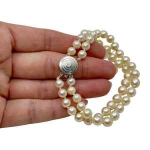 Semi-Baroque Double Strand Japanese Saltwater Akoya Cultured Pearl Vintage Bracelet- Sterling Silver