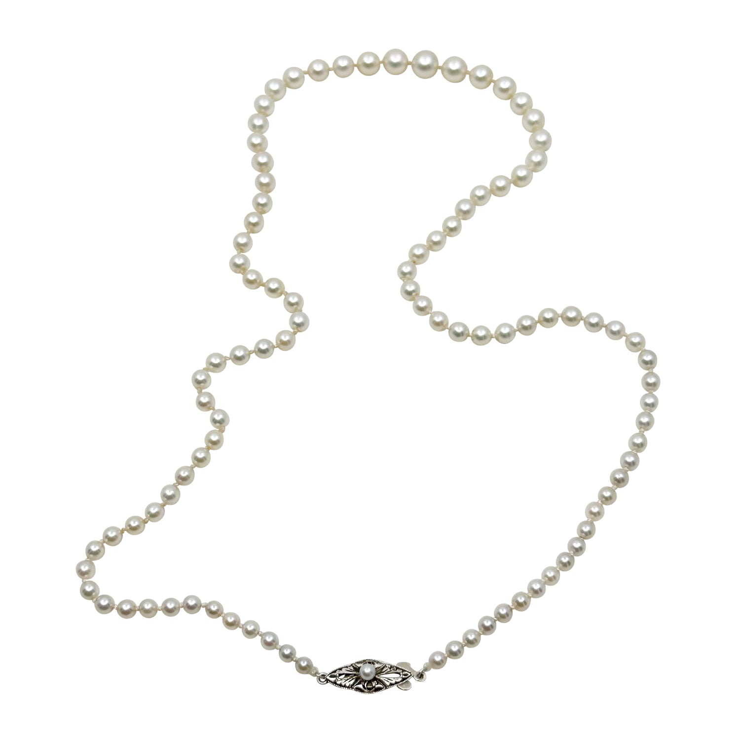 Engraved Art Deco Japanese Saltwater Cultured Akoya Pearl Graduated Necklace - Sterling Silver 16.50 Inch