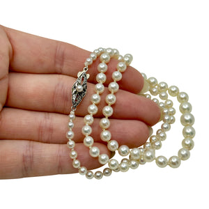 Engraved Art Deco Japanese Saltwater Cultured Akoya Pearl Graduated Necklace - Sterling Silver 16.50 Inch