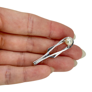Mid Century Mikimoto Designer Men's Japanese Saltwater Akoya Cultured Pearl Tie Bar- Sterling Silver