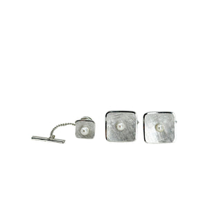 Textured Square MCM Japanese Saltwater Akoya Cultured Pearl Cufflinks & Tie Tac Set- Sterling Silver