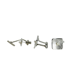 Textured Square MCM Japanese Saltwater Akoya Cultured Pearl Cufflinks & Tie Tac Set- Sterling Silver