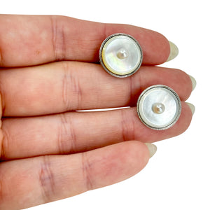 Antique Art Deco Milgrain Japanese Akoya Pearl Vintage Mother of Pearl Cufflinks- Sterling Silver