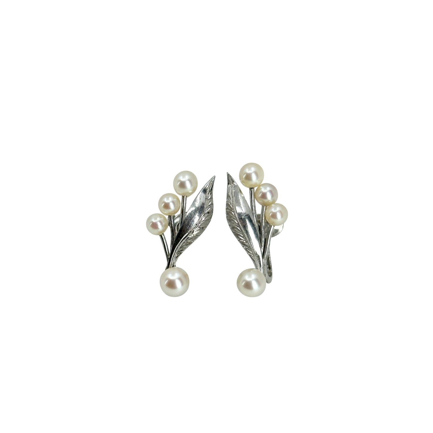 Vintage Milgrain Leaf Akoya Saltwater Cultured Pearl Screwback Earrings- Sterling Silver