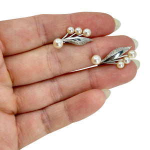 Vintage Milgrain Leaf Akoya Saltwater Cultured Pearl Screwback Earrings- Sterling Silver