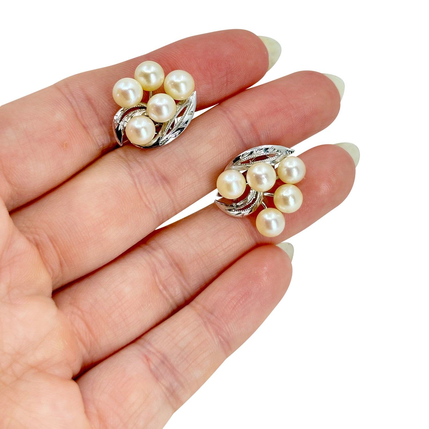 Vintage Falling Leaf Akoya Saltwater Cultured Pearl Cluster Screwback Earrings- Sterling Silver