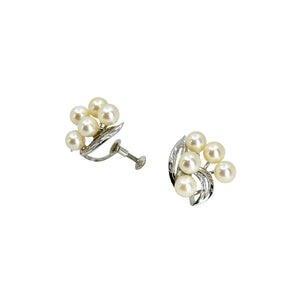 Vintage Falling Leaf Akoya Saltwater Cultured Pearl Cluster Screwback Earrings- Sterling Silver
