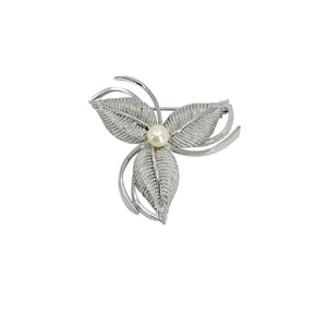 Wells Three Leaf Japanese Saltwater Cultured Akoya Pearl Brooch- Sterling Silver