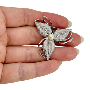 Wells Three Leaf Japanese Saltwater Cultured Akoya Pearl Brooch- Sterling Silver