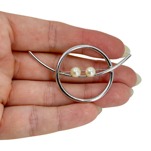 Modernist MCM Beau Vintage Japanese Saltwater Cultured Akoya Pearl Brooch- Sterling Silver