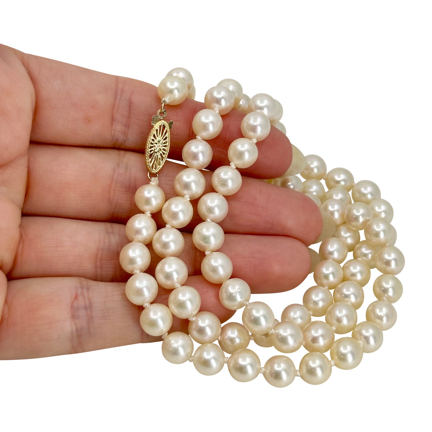 Matinee Filigree Vintage Japanese Cultured Saltwater Akoya Pearl Necklace - 14K Yellow Gold 24 Inch