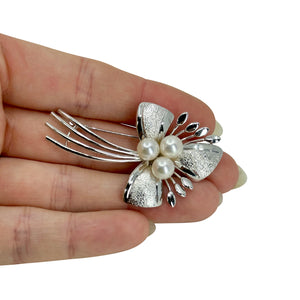 Atomic Era MCM Japanese Saltwater Akoya Cultured Pearl Vintage Spray Brooch- Sterling Silver