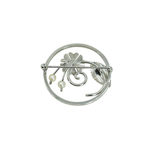 Designer A&Z Sakura Cherry Blossom Japanese Saltwater Akoya Cultured Pearl Vintage Circle Brooch- Sterling Silver