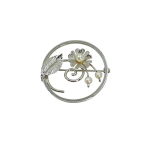 Designer A&Z Sakura Cherry Blossom Japanese Saltwater Akoya Cultured Pearl Vintage Circle Brooch- Sterling Silver