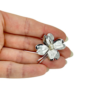 Designer Harry S. Bick Japanese Saltwater Cultured Akoya Pearl Dogwood Brooch- Sterling Silver