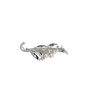 Vintage Pink Topaz Japanese Saltwater Akoya Cultured Pearl Spray Leaf Brooch Pendant- Sterling Silver